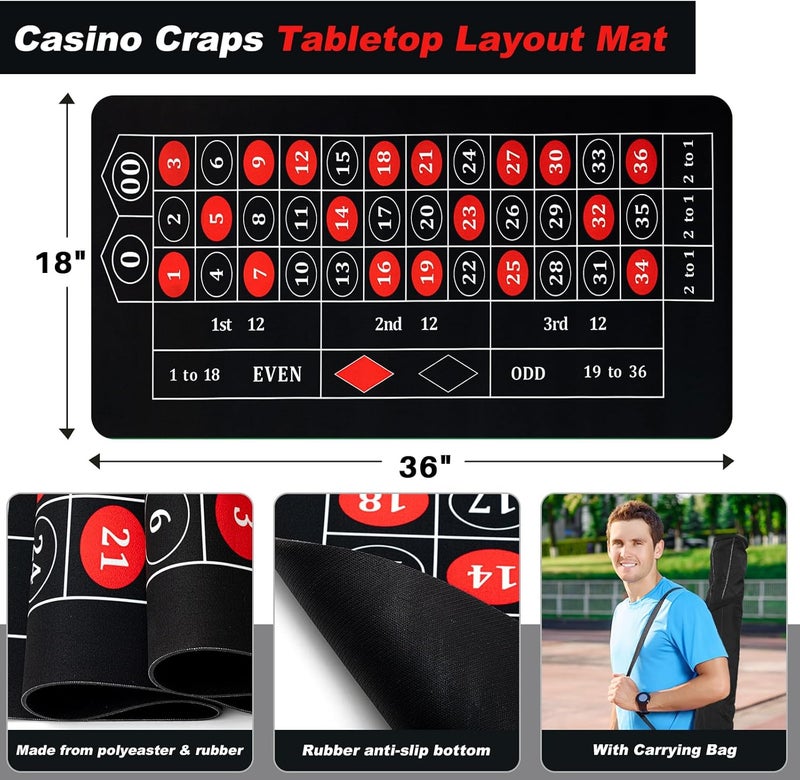 Lunmon Roulette Wheel Game Set Include 16'' Black Roulette Wheel 35" x 16" Rubber Tabletop Layout Mat, 100 Chips Dealer Button Win Marker Casino Game Sets Gift Ideas(Black) - Image 4